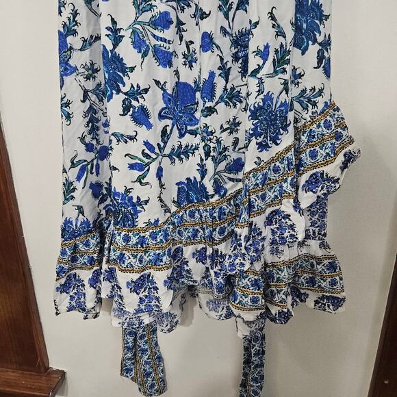Nicole Miller Artelier Blue Floral Peasant Mini Dress Ruffle Puff Sleeves Small - Picture 3 of 6